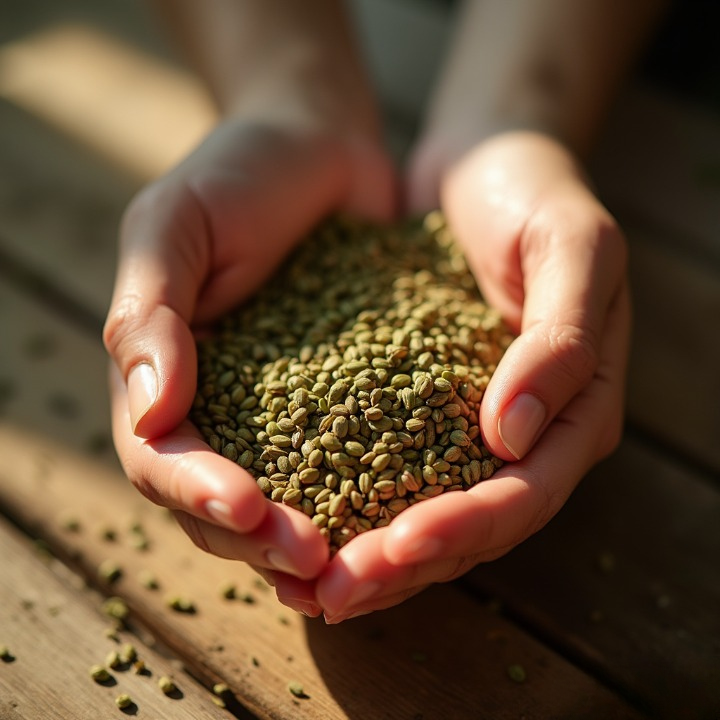 a close up shot of a hand gently holding a handful of hemp hearts and seeds the hand is against a rustic wooden table and the green and brown tones of the seeds contrast beautifully