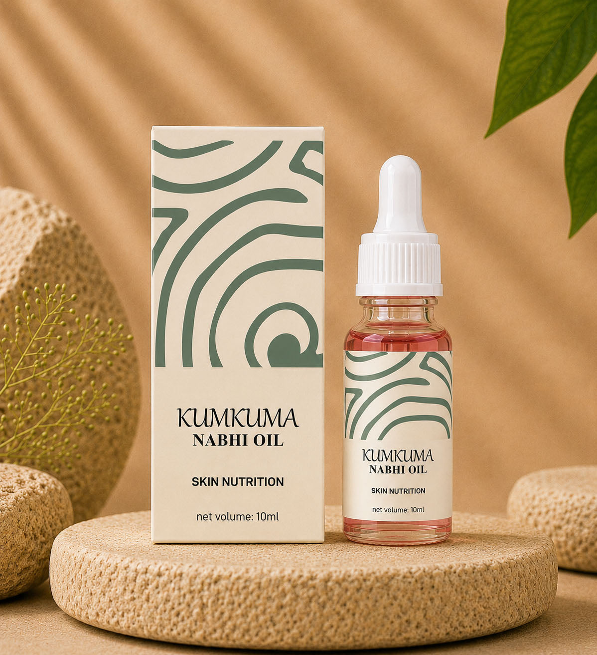 Kumkuma Nabhi Oil packaging with dropper bottle on a natural background