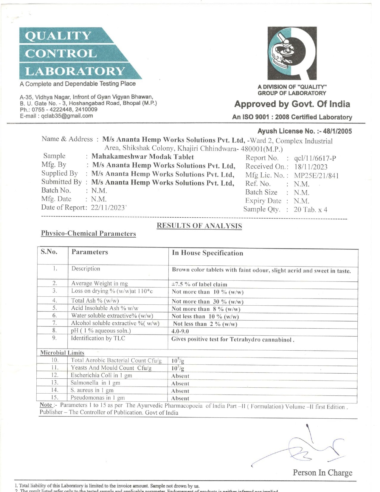 Certification of mahakameshwar modak tablets